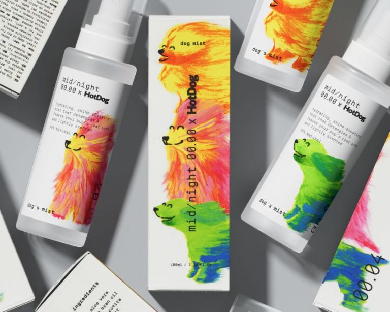 SMLXL put ecstatic dogs with wind blowing in their fur on a cosmetics bottle