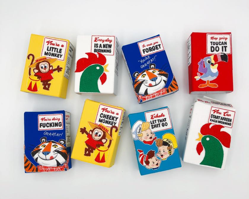Emma Giacalone turns retro food packaging into stitched reminders to be kinder to ourselves