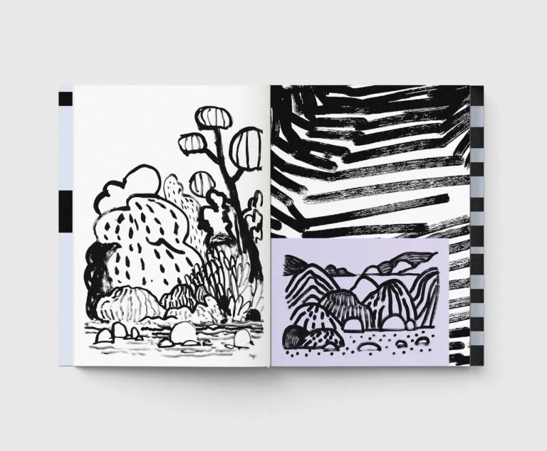André Britz draws dimly remembered landscapes, in a book held together with a pink elastic band